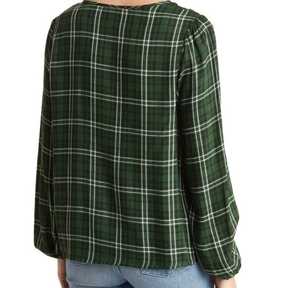 Three Dots Mason Plaid Long Sleeve Blouse Dark Green - Picture 2 of 16
